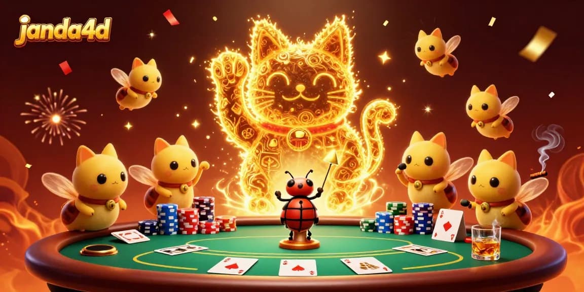 Permainan kasino janda4d dengan kucing keberuntungan dan pelangi chip poker yang meriah.