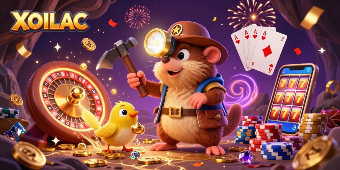Experience the excitement of XOILAC as the treasure hunter mole mines for golden gems amidst a vibrant casino atmosphere.