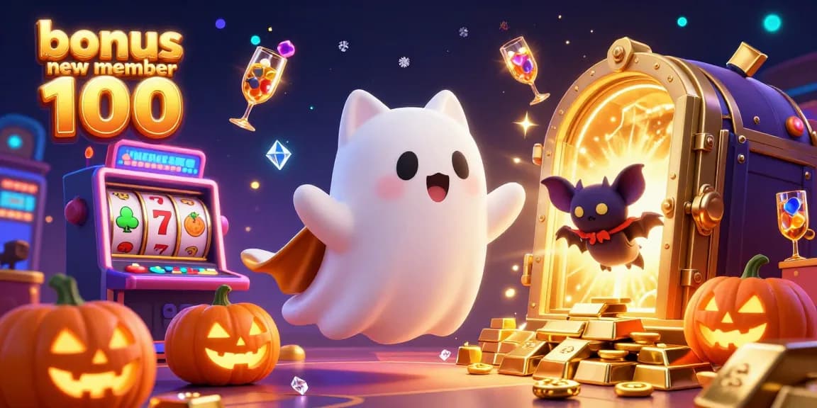 Win exciting rewards with bonus new member 100 in a lively casino setting featuring slot machines and vivid characters.