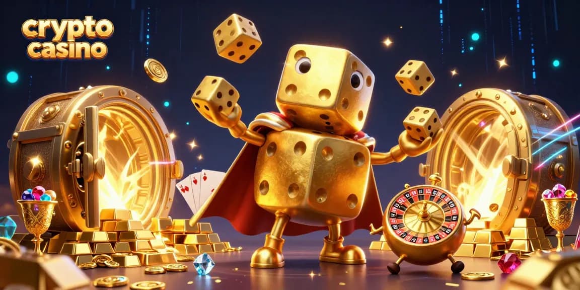 Expérience immersive de crypto casino avec un golem de dés dorés et des éléments dansants et scintillants.