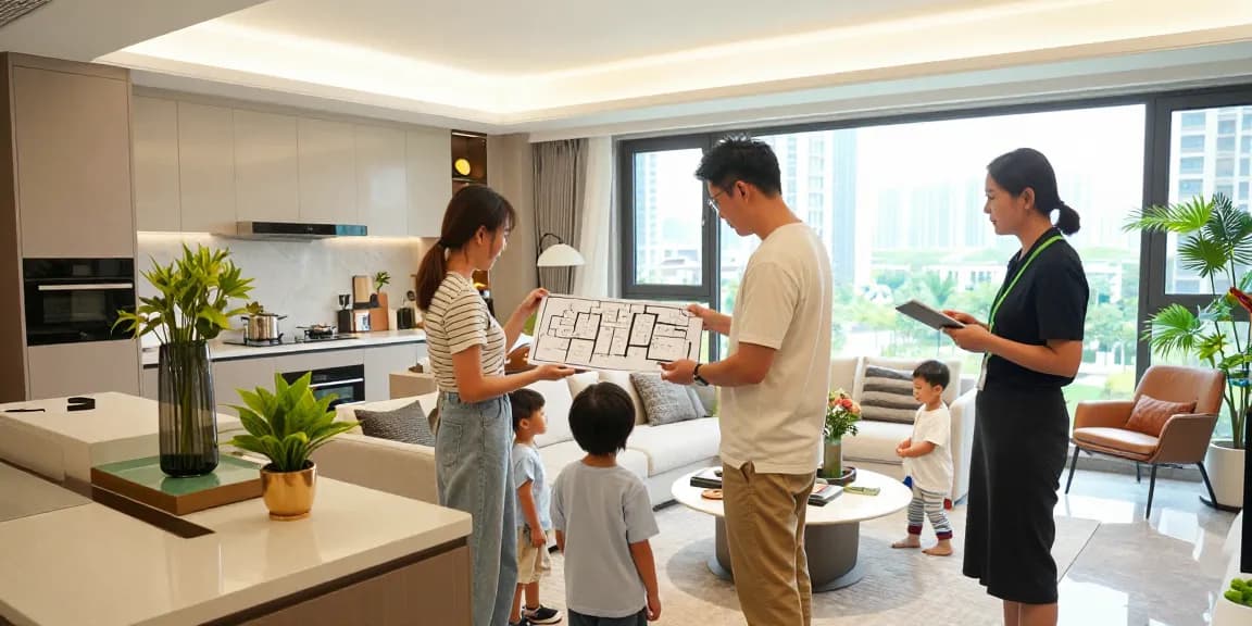 Dover Residences family exploring modern living space in a show flat.