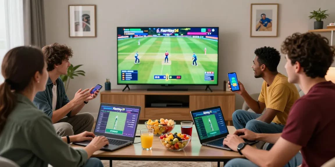 Friends enjoying live cricket betting on Fairplay24 in a modern living room.