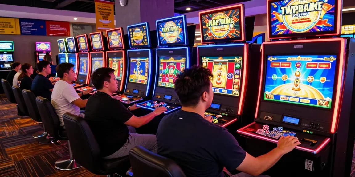 Exciting gaming atmosphere at oppa86 online casino with vibrant slot machines and enthusiastic players.