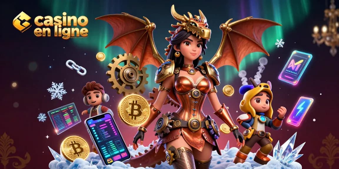 Plongez dans le monde palpitant du casino en ligne avec des éléments numériques vibrants et des symboles de jeu emblématiques.