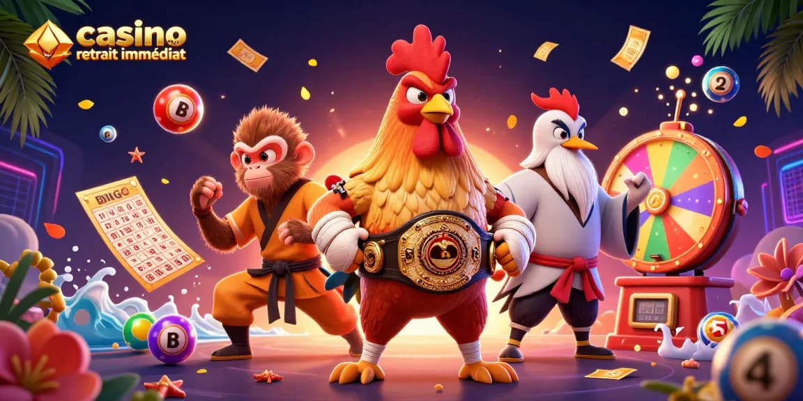 Profitez des gains avec casino en ligne retrait immédiat, illustrant des personnages et éléments de jeu vibrant.