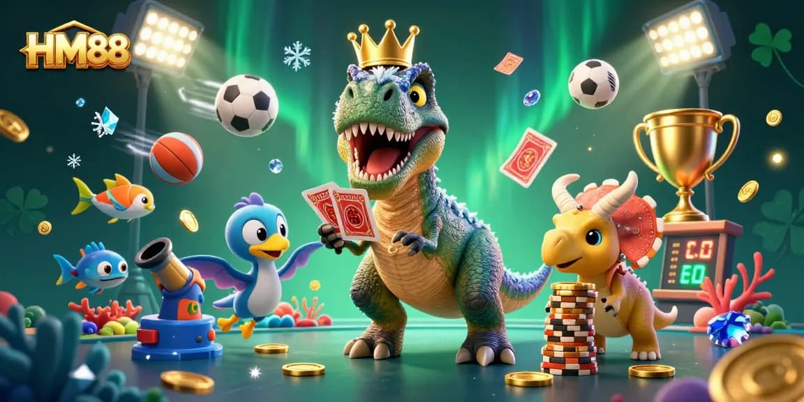 Experience the excitement of HM88 with a vibrant casino scene featuring playful dinosaurs and fishing game elements.