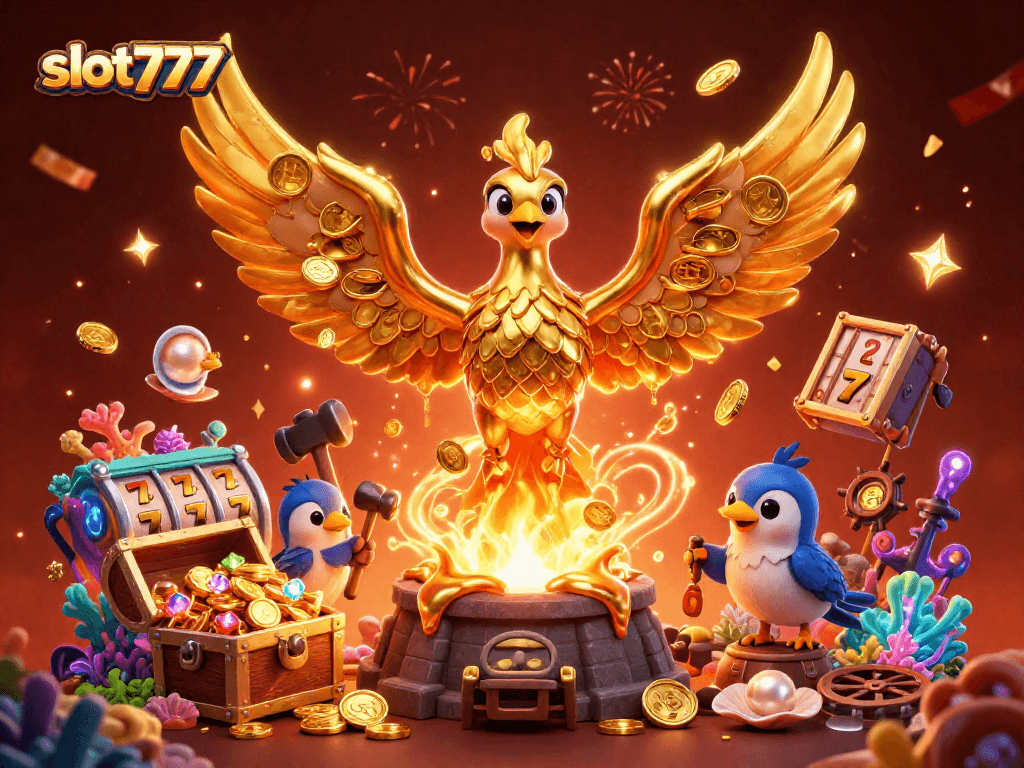 Spin and win with slot777, featuring a golden phoenix and immersive casino elements!
