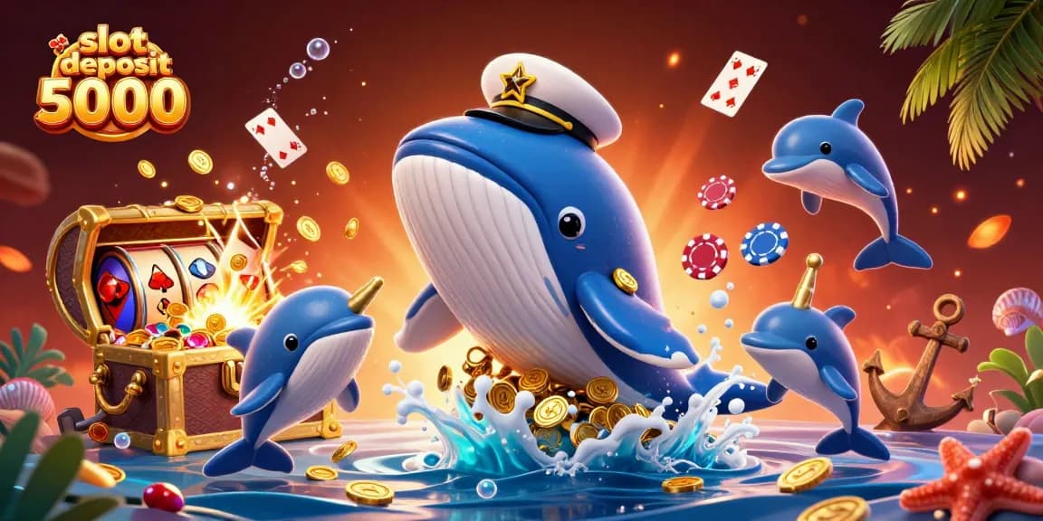 Experience the thrill of slot deposit 5000 with a dynamic scene featuring a playful 3D whale, narwhal, and dolphins.
