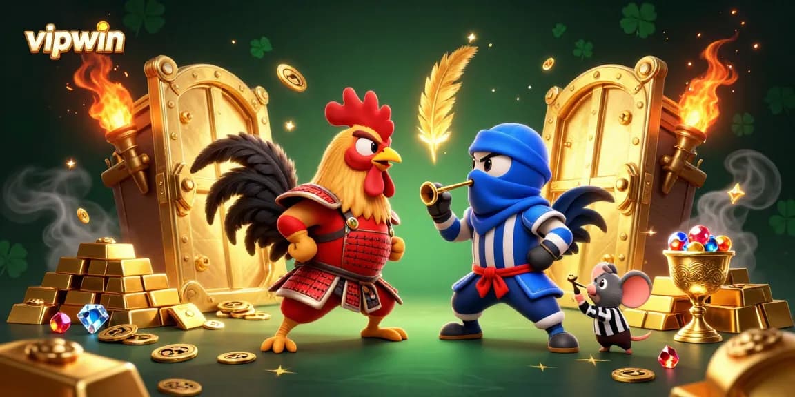 Engage with vipwin's thrilling gameplay featuring epic roosters in a dramatic casino showdown.
