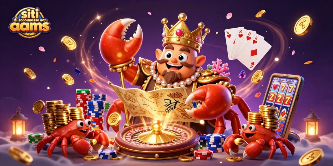 Siti di scommesse non AAMS mostrano un imperatore granchio dorato in un regno di ricchezze e giochi.