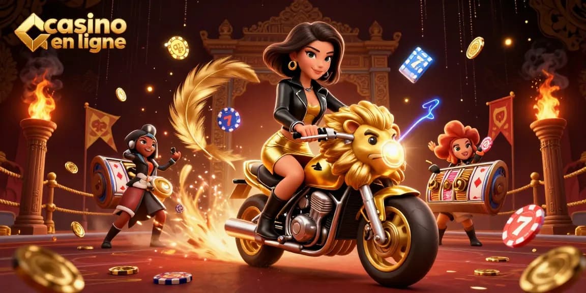 Scène engageante de casino en ligne avec une femme asiatique chevauchant un lion doré, entourée d'éléments de jeu.