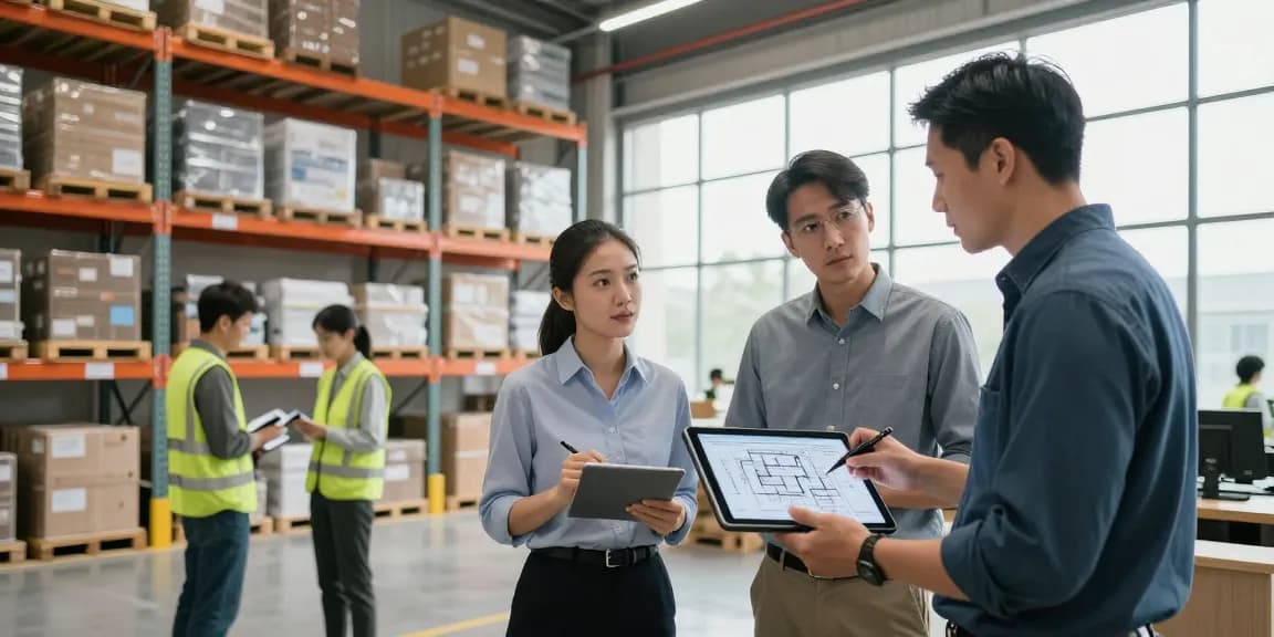 ออกแบบ คลังสินค้า with vibrant workspace showcasing organized inventory and collaborative planning.