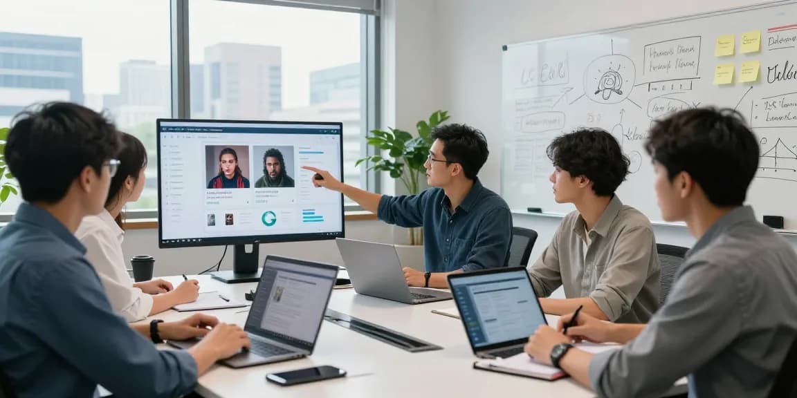Detect AI image analysis in a modern tech office, showcasing a diverse team collaborating on content moderation.