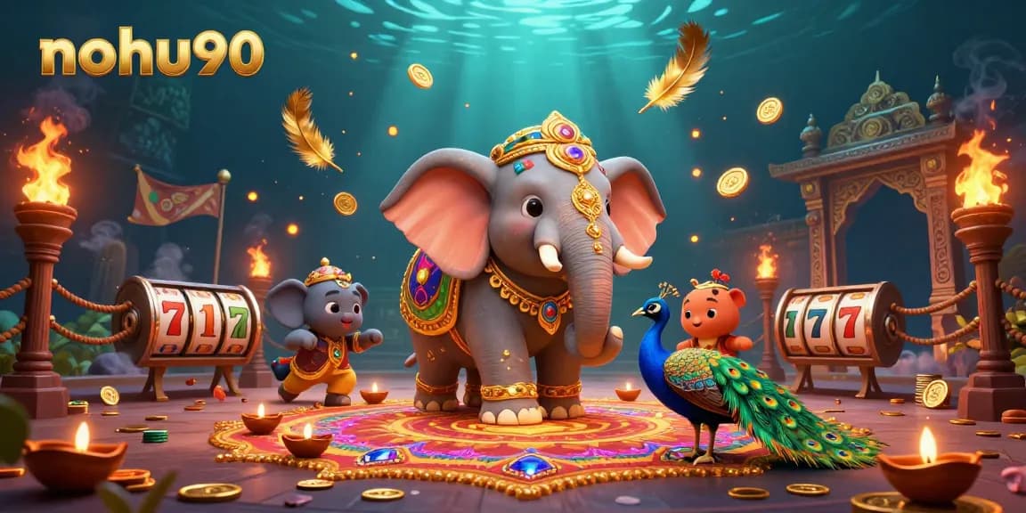 Nohu90 offers thrilling games as a 3D illustration depicting an elephant and peacock amidst slot reels and gold.