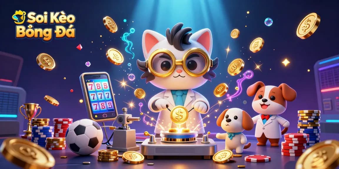 Soi Kèo Bóng Đá dynamically captures a thrilling sports betting scene with vibrant characters and coins.