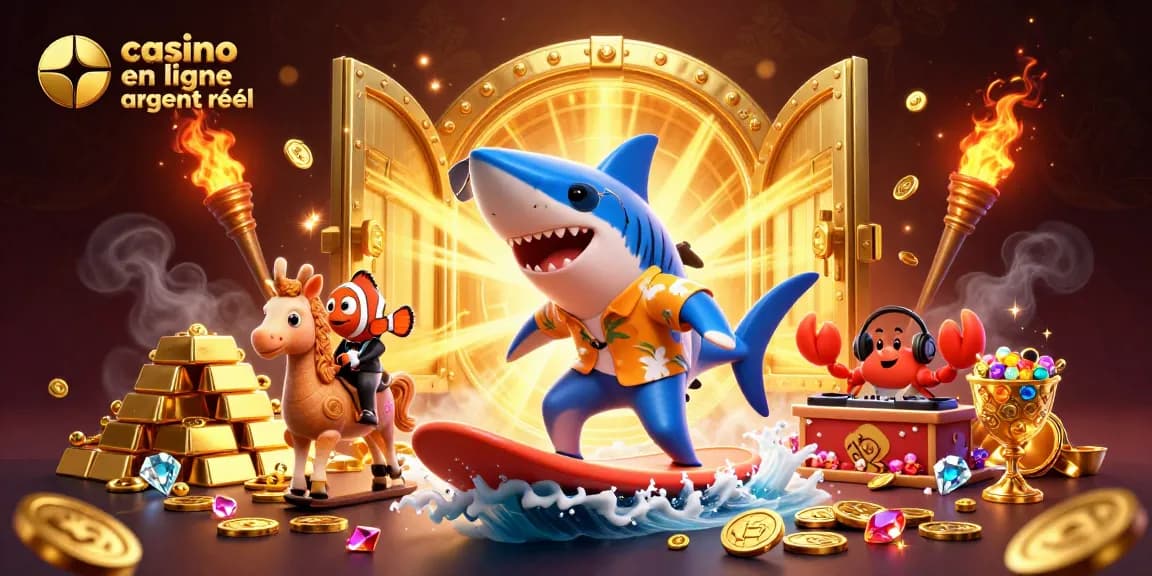 Vivez l'expérience du casino en ligne argent réel avec un requin-baleine surfant sur des pièces d'or.