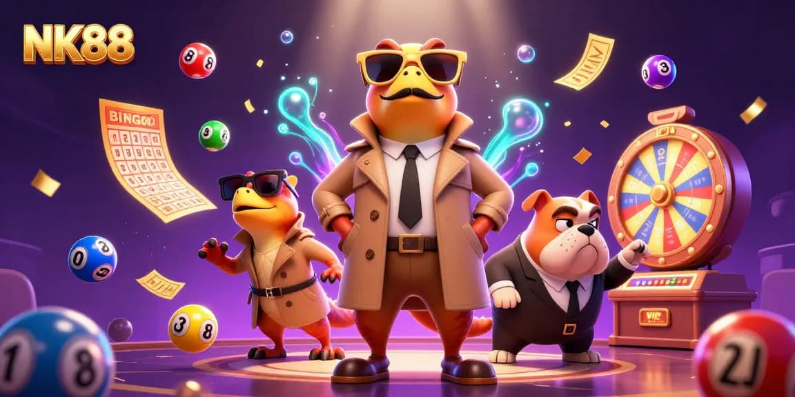 Experience NK88 with cartoon raptors sneaking into a VIP lounge, surrounded by vibrant casino elements.