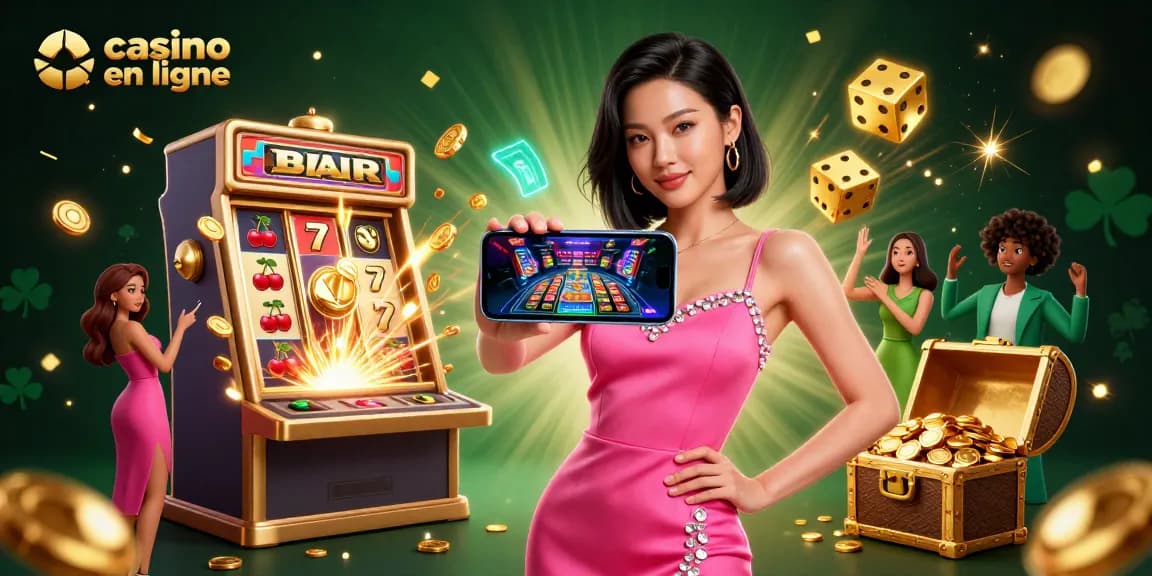 Interagissez avec le casino en ligne à travers une illustration vibrante d'une femme jouant à des jeux avec croupier en direct.