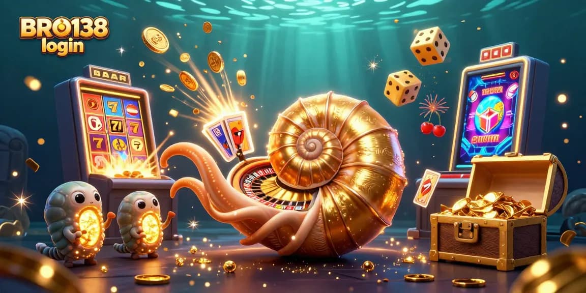 Experience excitement with BRO138 login as giant nautilus spins the roulette style shell amidst dynamic casino elements.