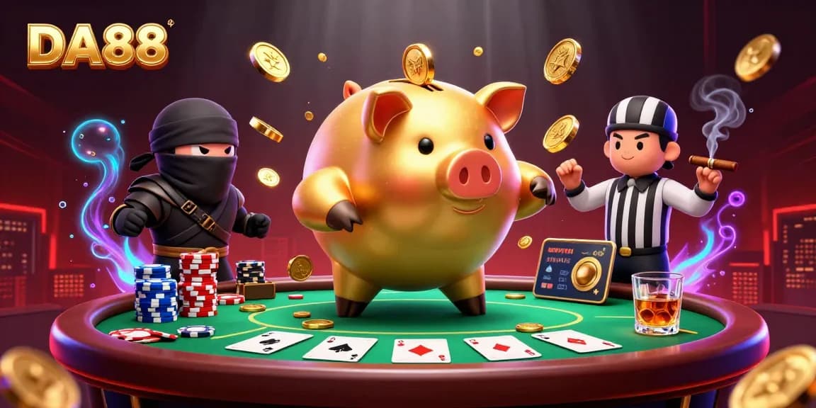 Experience the thrill of DA88 gaming with a dynamic piggy bank sumo wrestler, poker action, and vibrant casino elements.