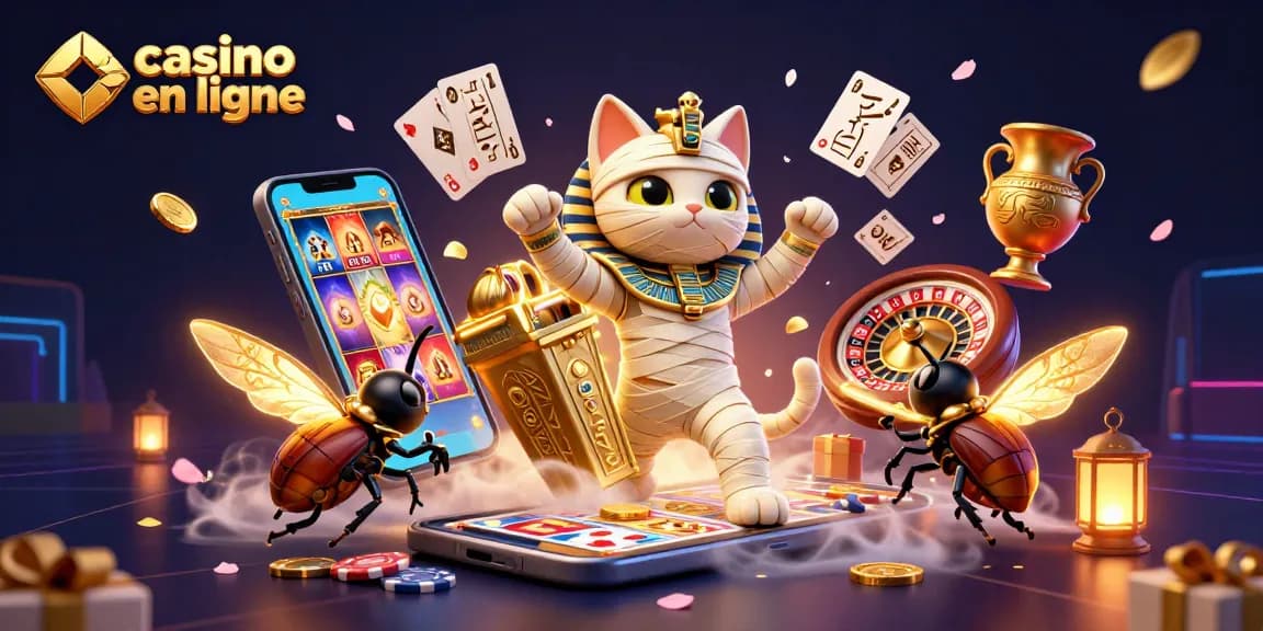 Jouez dans un casino en ligne avec une momie égyptienne et un scarabée dans un décor immersif.