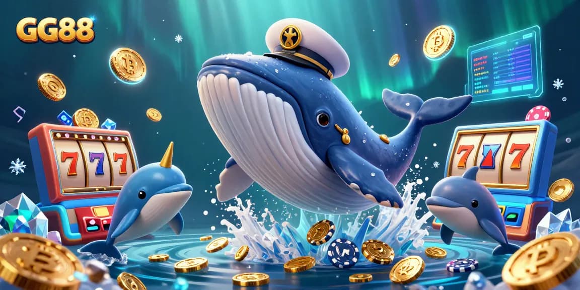 Experience the rewards of GG88 casino with a whale and playful dolphins in a sea of coins.