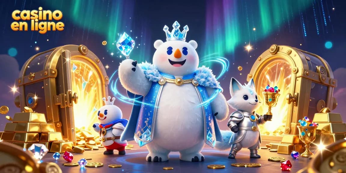 Vivez l'excitation du casino en ligne avec une illustration d'un roi des glaces fantaisiste et une aventure remplie de trésors.