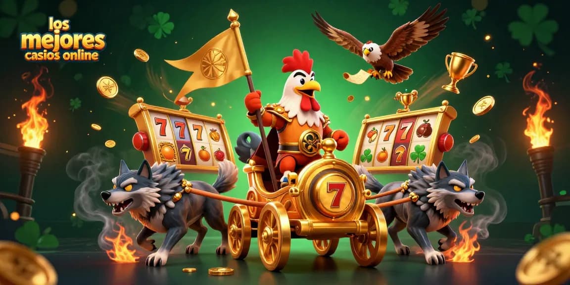 Los mejores casinos online con un guerrero y elementos tragamonedas en una ilustración emocionante.