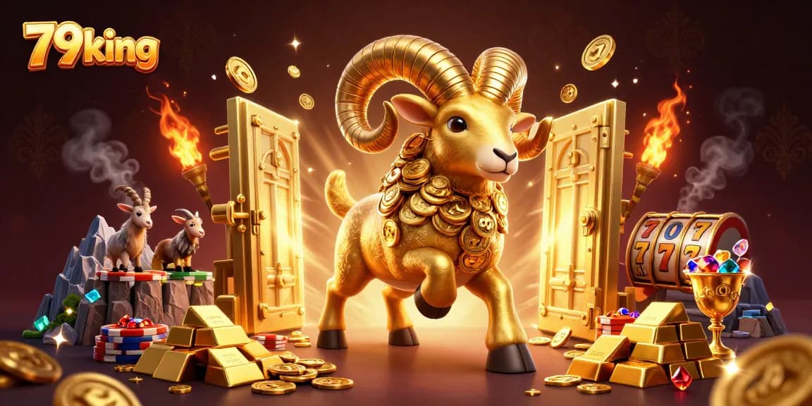 Experience thrilling wins with 79king as a golden ram charges past a treasure vault in an exciting casino scene.