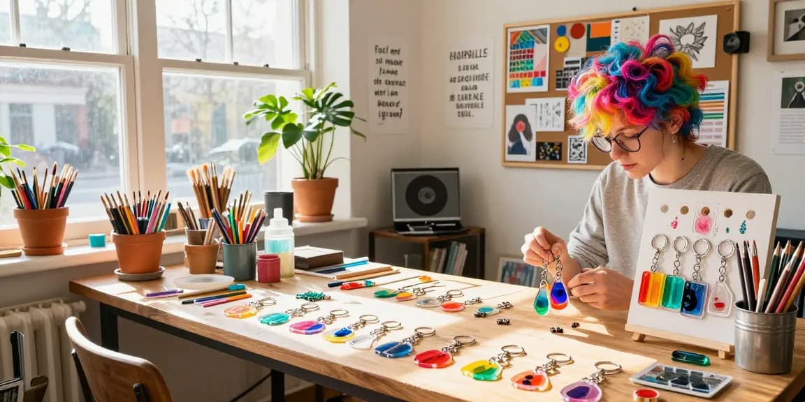 Artisan crafting personalized keychains in a vibrant creative workspace filled with inspiration.