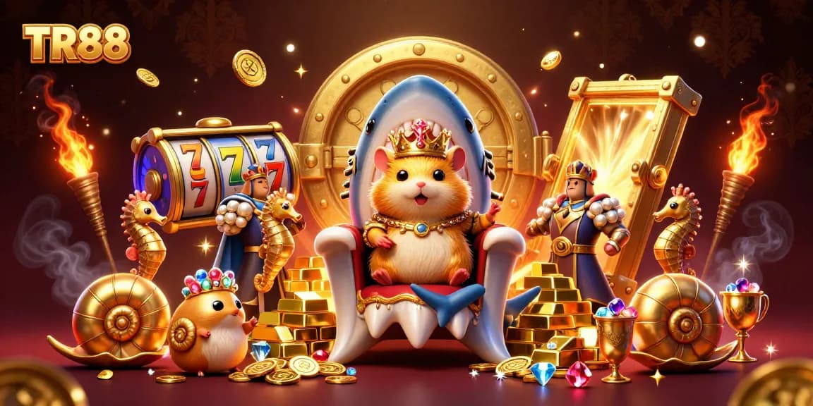 Engaging TR88 casino scene with a fierce hamster king on a shark tooth throne, surrounded by treasures.