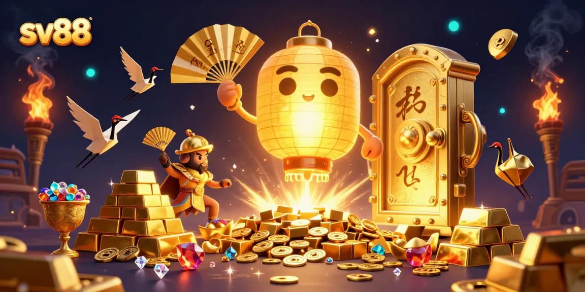Experience thrilling gaming at sv88 with dynamic characters and golden treasures in this captivating illustration.