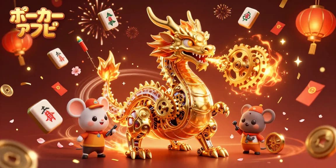 ポーカー アプリで楽しめる3Dイラスト。金のドラゴンとエンジニアが共演する華やかなシーン。