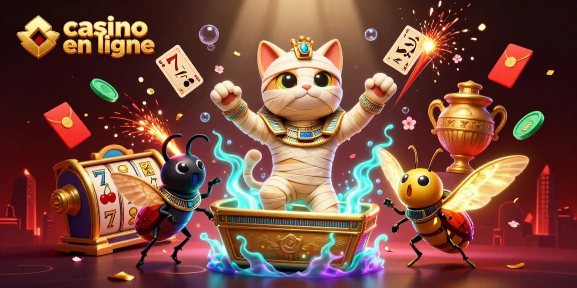Jouer sur des machines à sous dans un casino en ligne coloré avec un chat momie égyptien.