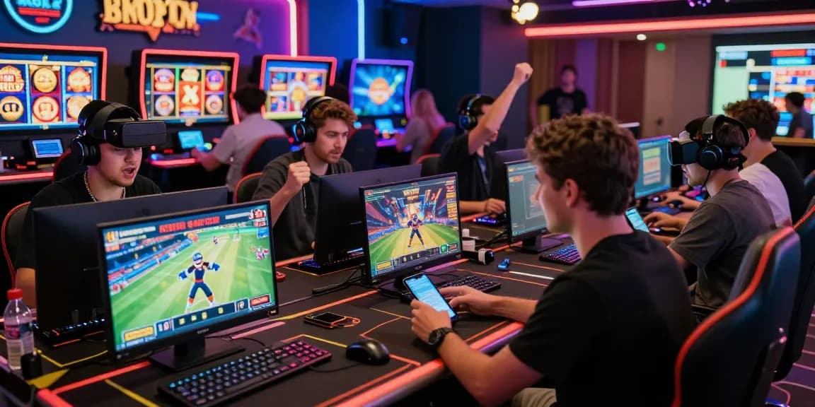 Engaged players enjoying various games on situs raja328, capturing an exciting online casino atmosphere.