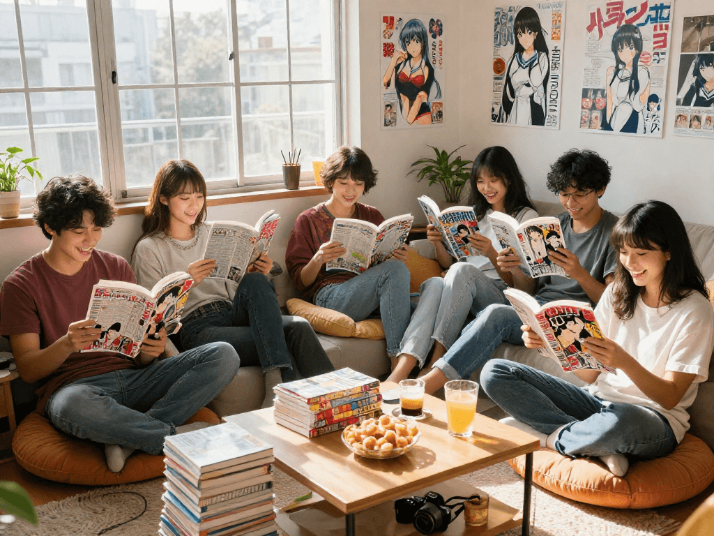 Friends enjoying manga reading together, featuring diverse characters and the phrase "Read More" naturally integrated.