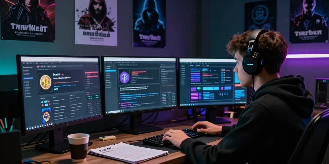 Focused researcher analyzing Best Darknet Markets 2026 on multiple screens in a cybersecurity-themed room.