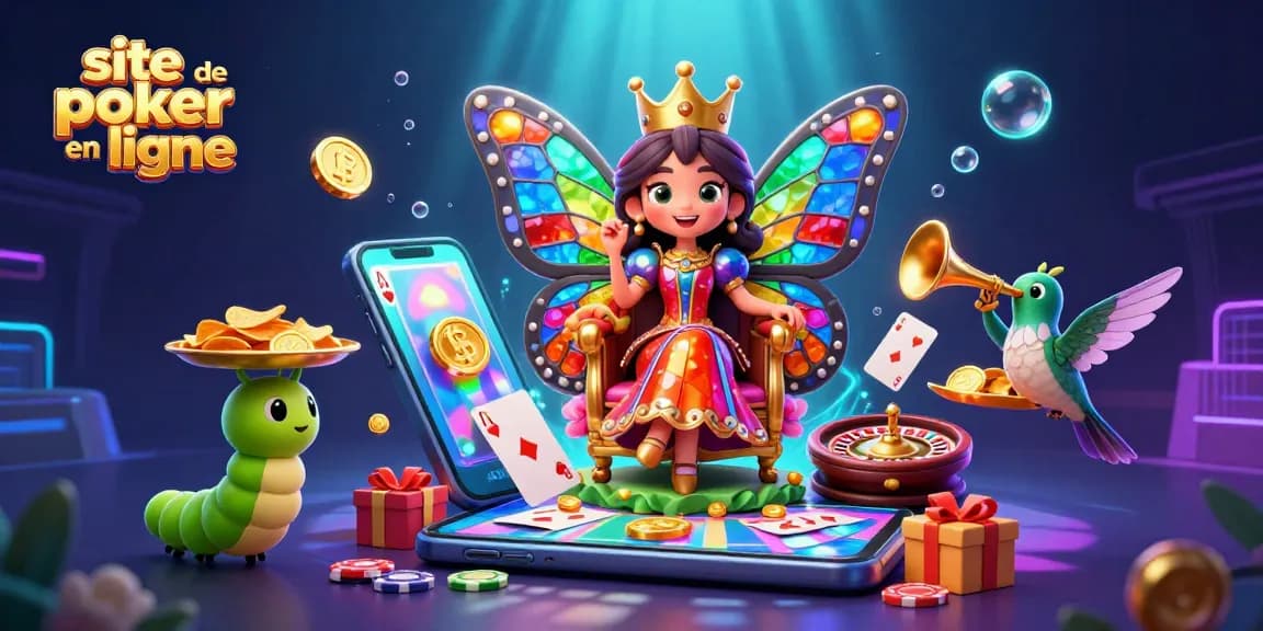 Utilisez le site de poker en ligne pour gagner avec des jeux de cartes et des jetons colorés.