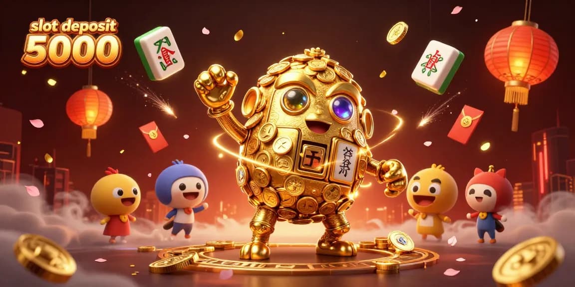 Permainan slot deposit 5000 yang seru dengan elemen kasino penuh warna dan simbol keberuntungan.