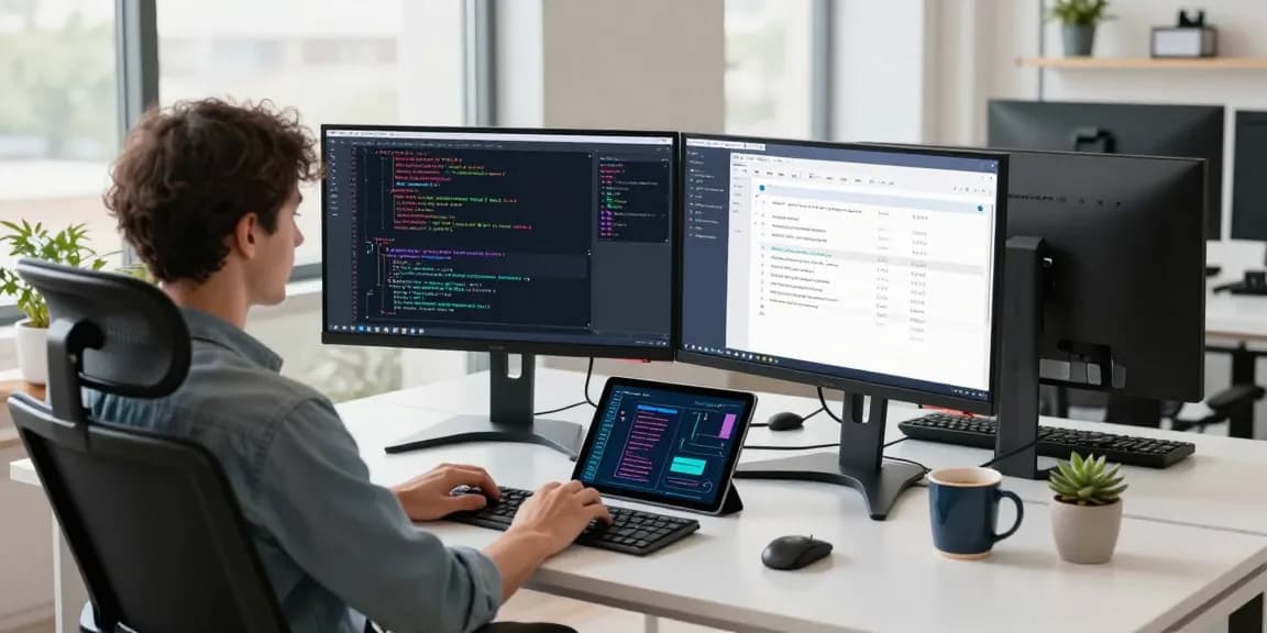 Developer coding complex algorithms at a modern workspace for teiegramin.com