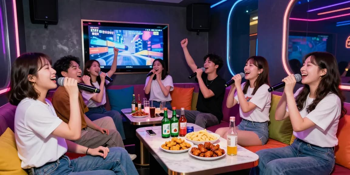 Friends enjoying a lively 강남가라오케 night, singing with joy in a vibrant karaoke bar.