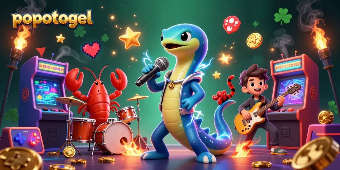 Experience exciting games with popotogel featuring a vibrant DJ electric eel, lively backup band, and dynamic casino elements.