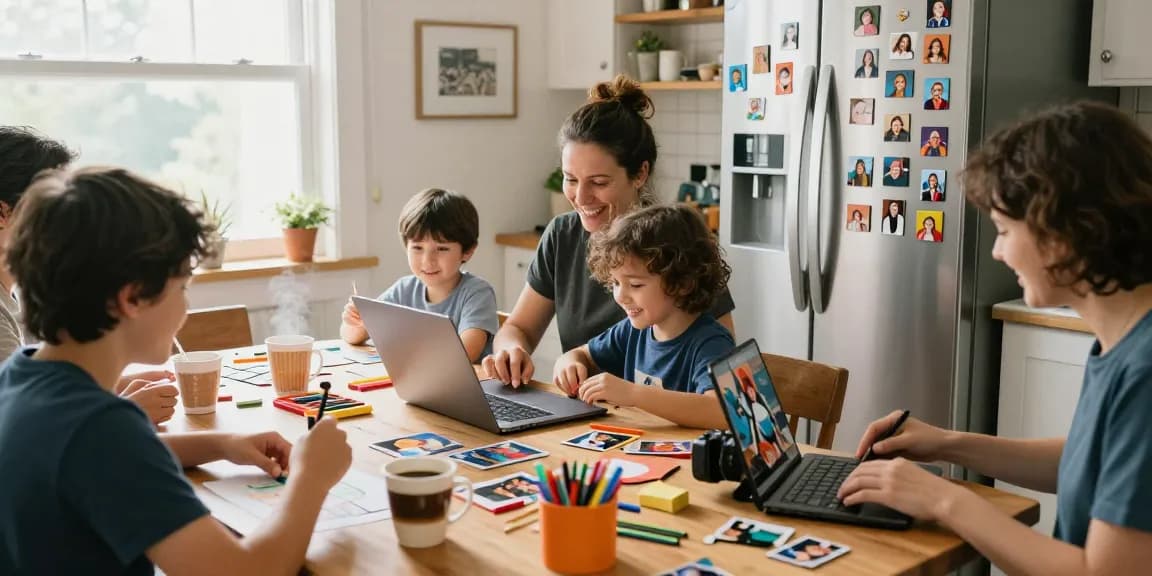 Creating custom photo magnets with family surrounded by vibrant photos and art supplies.