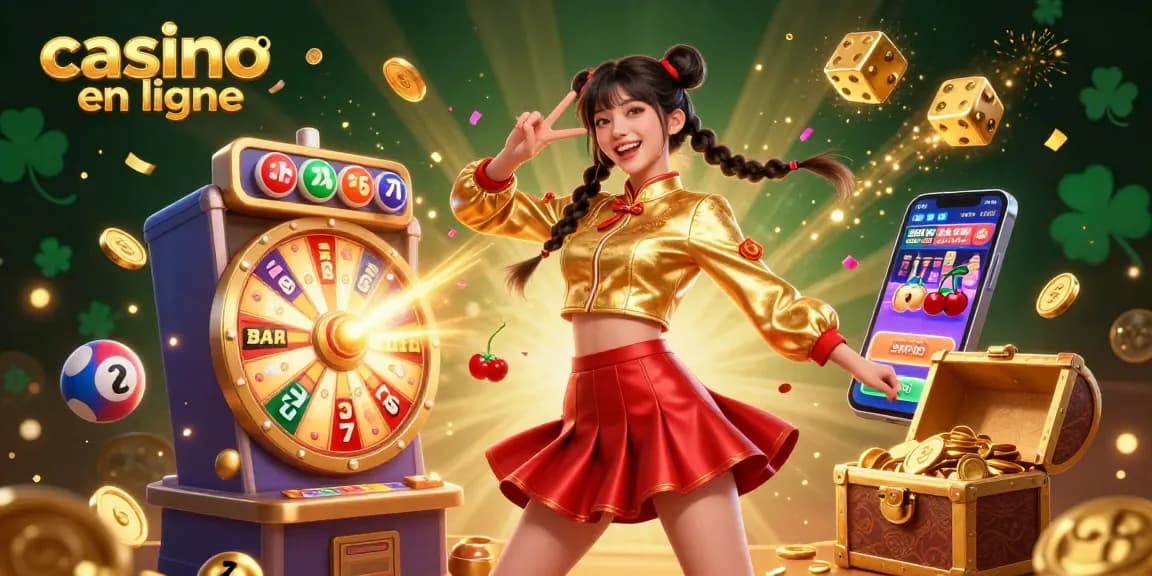 Jouez à des jeux passionnants au casino en ligne avec des illustrations vibrantes de jackpots et d'excitation.