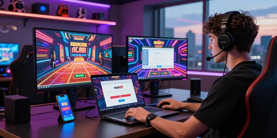 Engaged user on rokok88 login page in a vibrant online gaming setup.