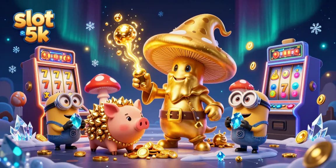 Engage with slot 5k magic featuring a golden mushroom wizard and vibrant casino elements.