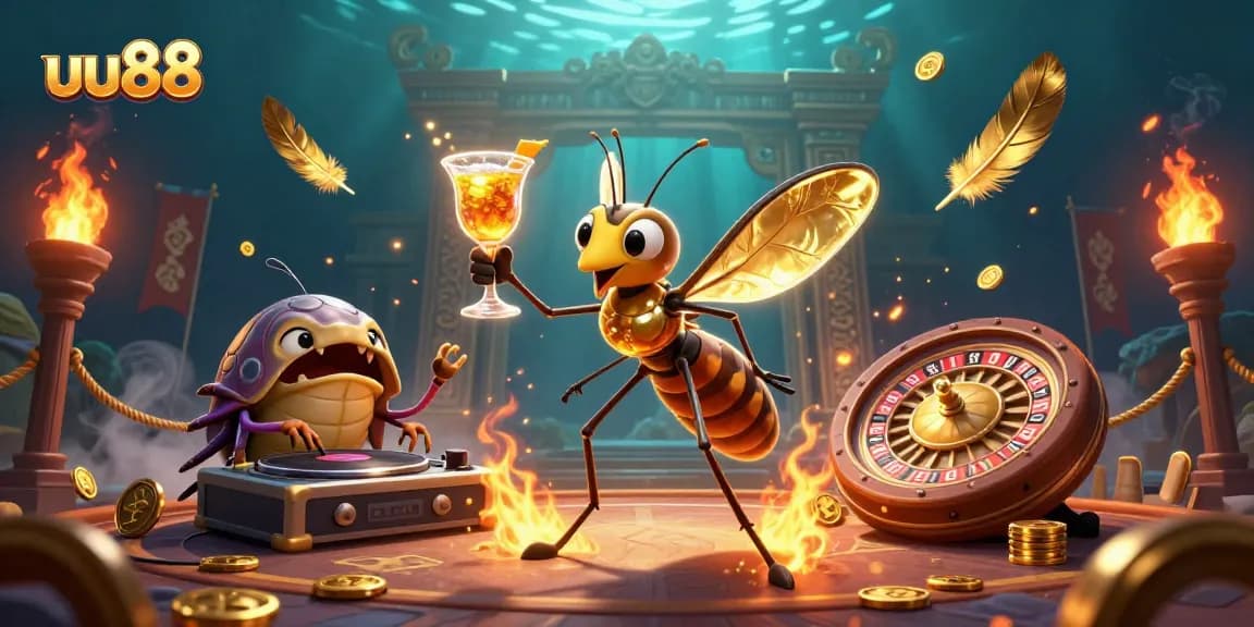 uu88 showcases vibrant casino energy with a frozen mosquito mascot and trilobite DJ in a dynamic 3D scene.