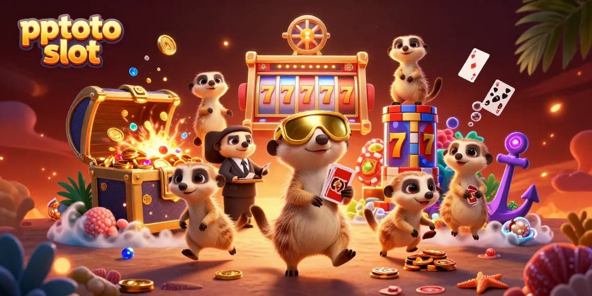 Engage with pptoto slot action as adorable meerkats manage a lively casino scene with vibrant gambling elements.