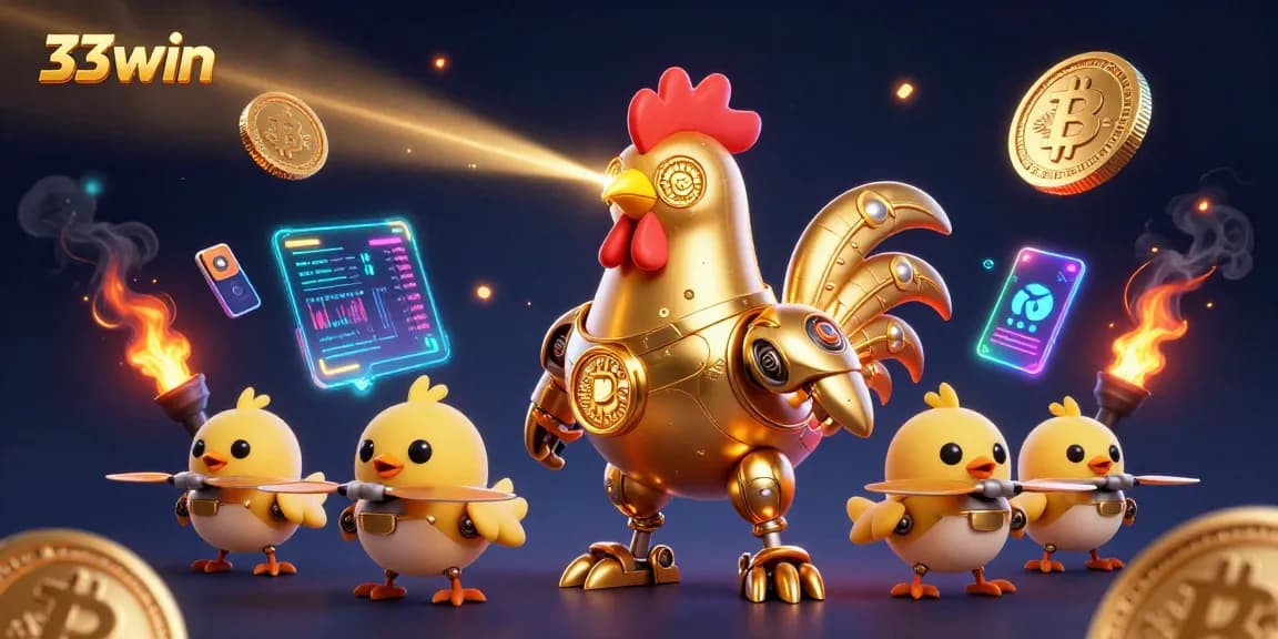 Engage with 33win's thrilling gambling experience featuring a dynamic 3D rooster robot in action.