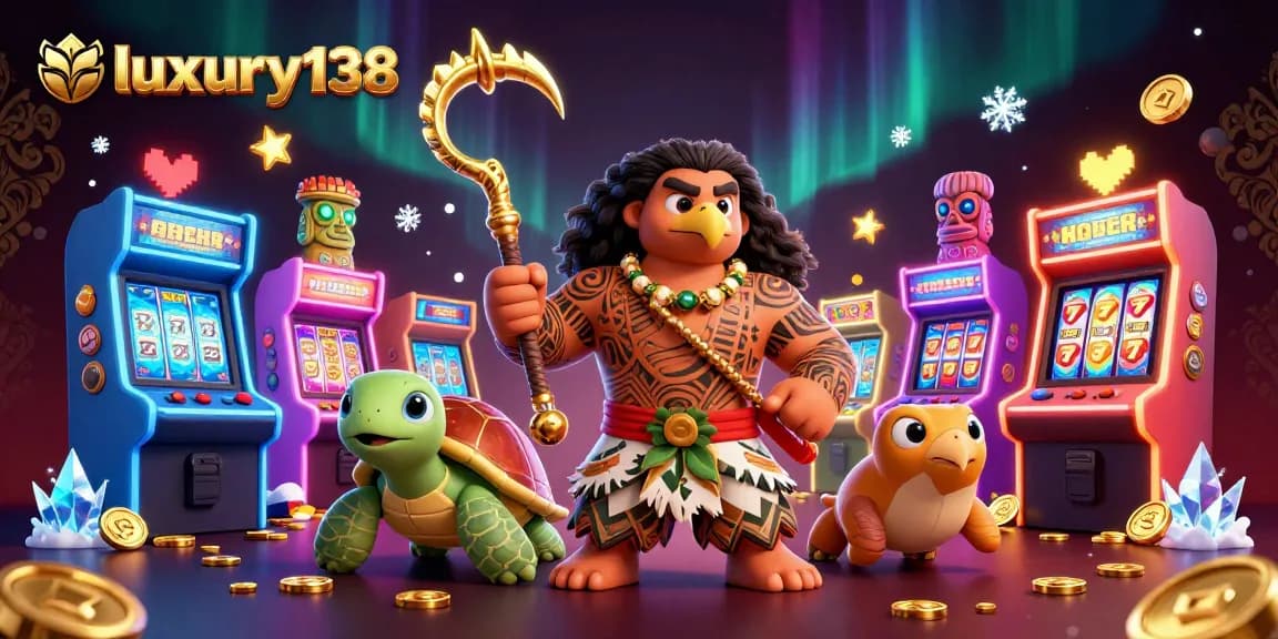 Spin to win with luxury138 as the Maui-style demigod and turtle appear amidst vibrant slots.
